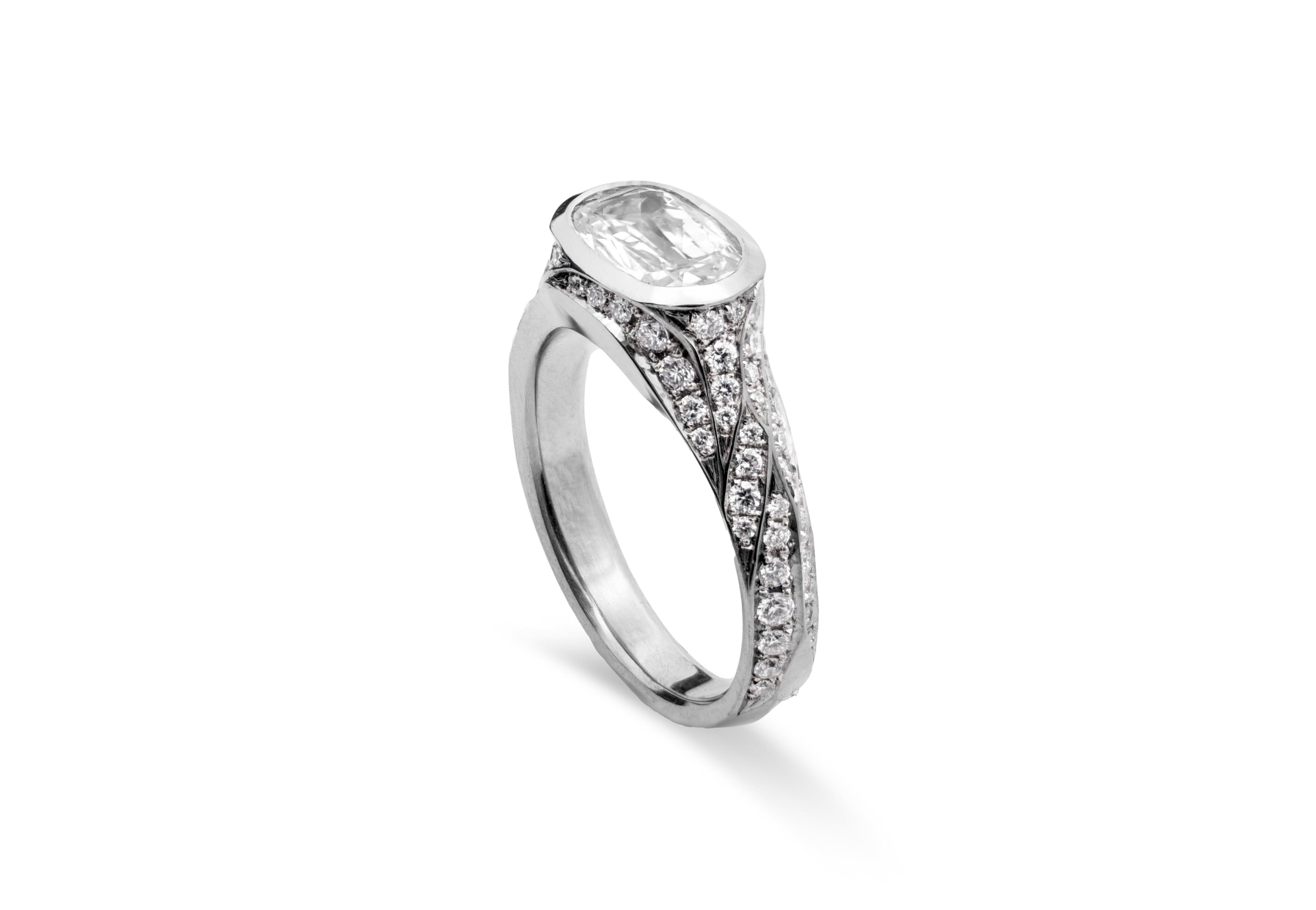 Platinum Old Cut Cushion Diamond Arris Ring