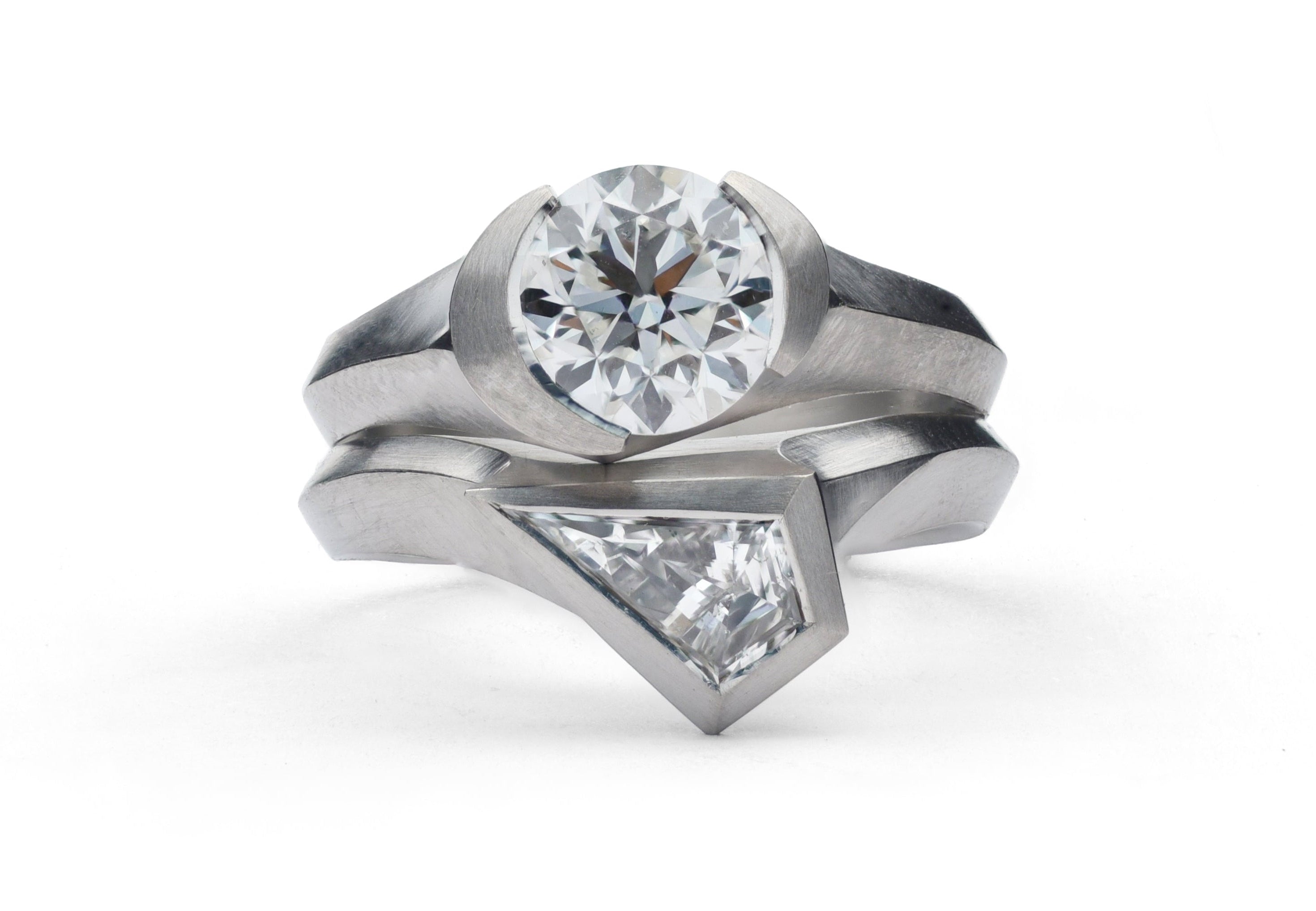 Platinum Aegis fitted ring set with kite shaped diamond