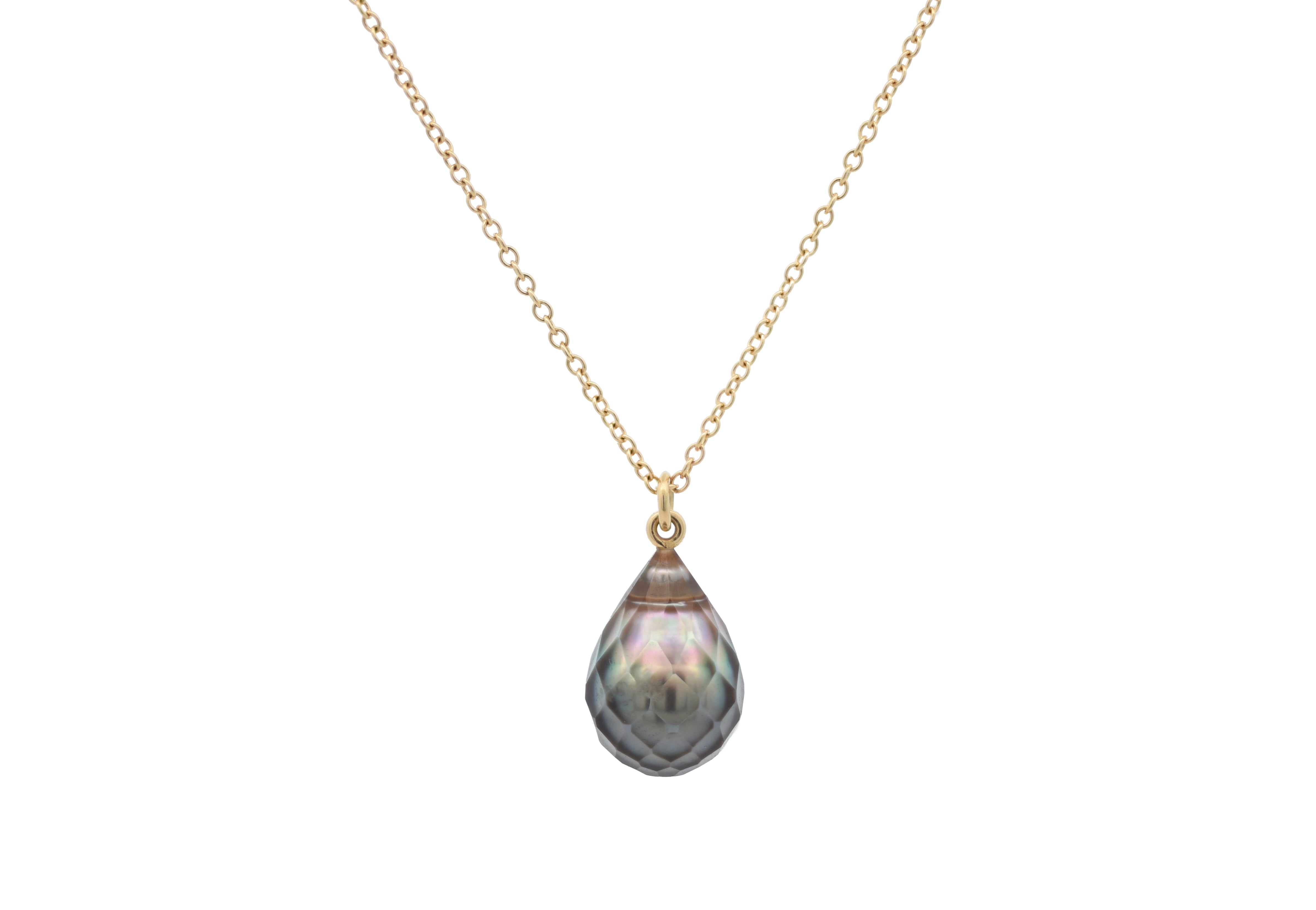 Faceted, droplet shaped Tahitian pearl pendant on gold chain