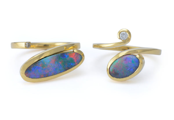Hand forged yellow gold, opal and diamond rings