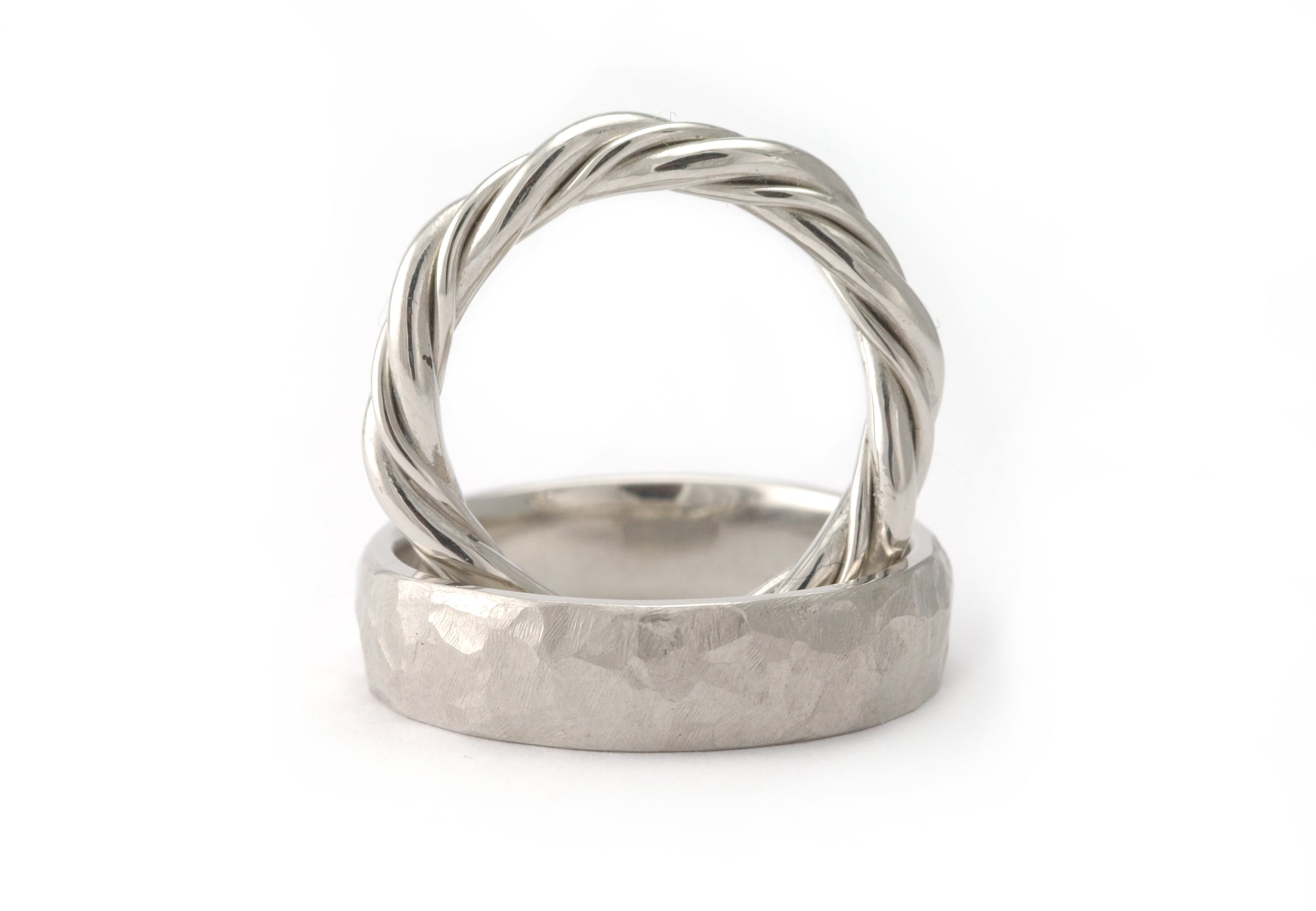 Bespoke twisted and hammered platinum wedding bands