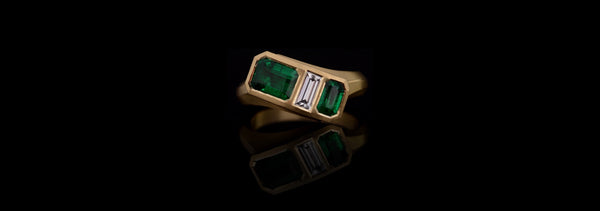Three Stone Yellow Gold Emerald and Diamond Ring