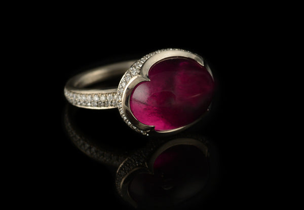 Carved white gold and rubellite tourmaline cocktail ring