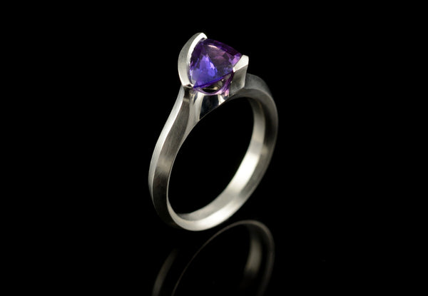 Purple trillion sapphire and platinum hand-carved cocktail ring