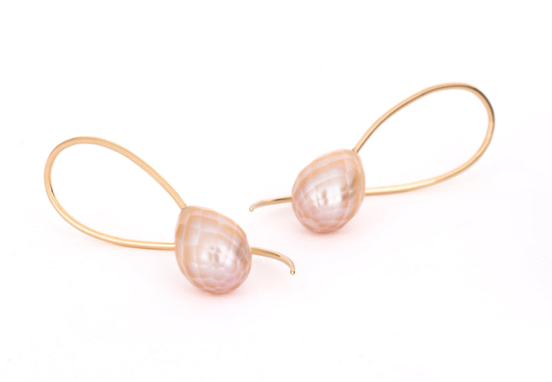 18 carat gold and faceted pink freshwater pearl drop earrings