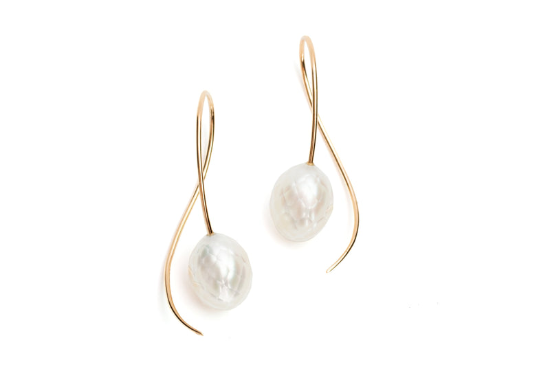 18 carat gold and faceted white freshwater pearl drop earrings