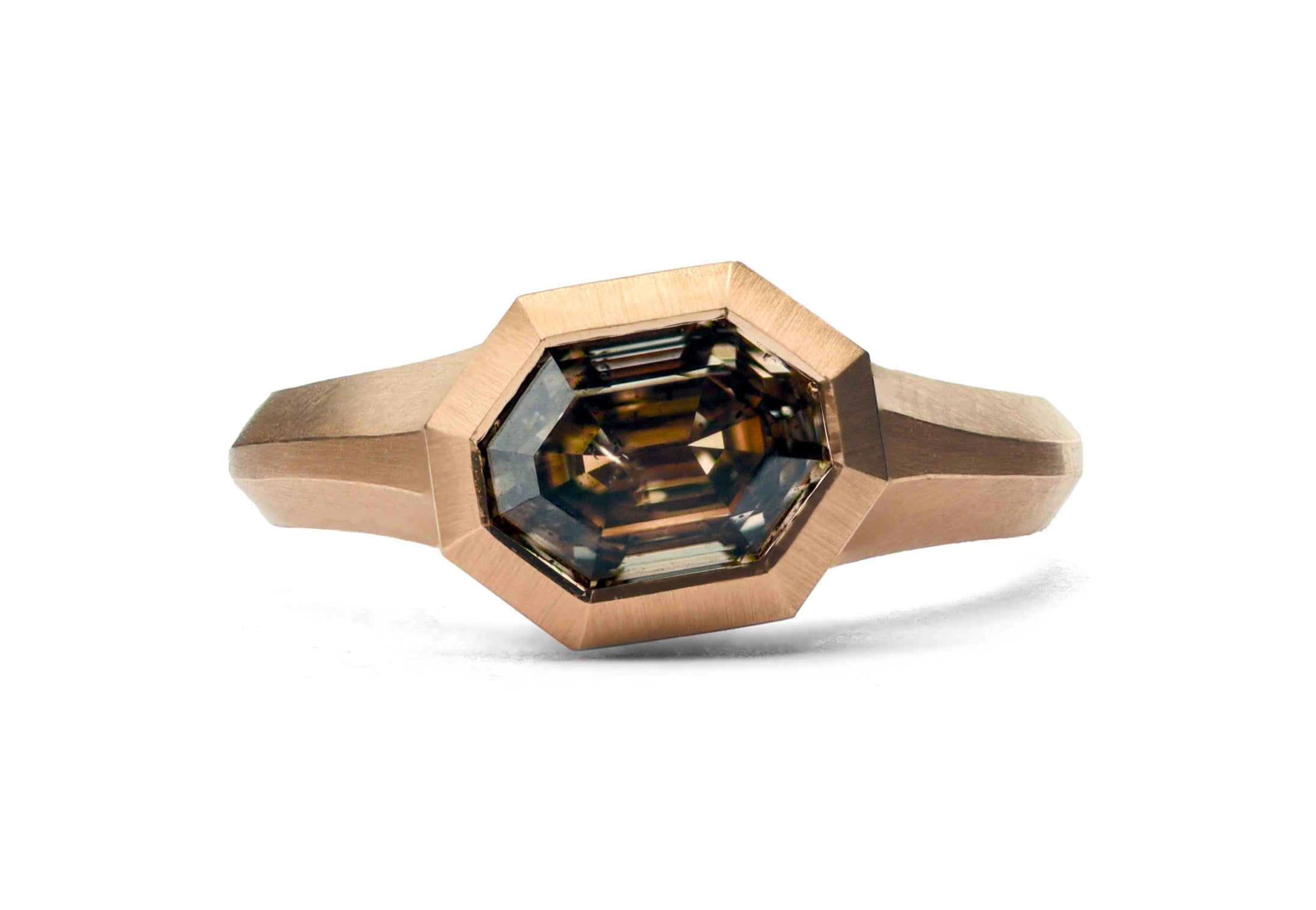 18ct Rose Gold Hexagonal Cognac Diamond Faceted Arris Ring