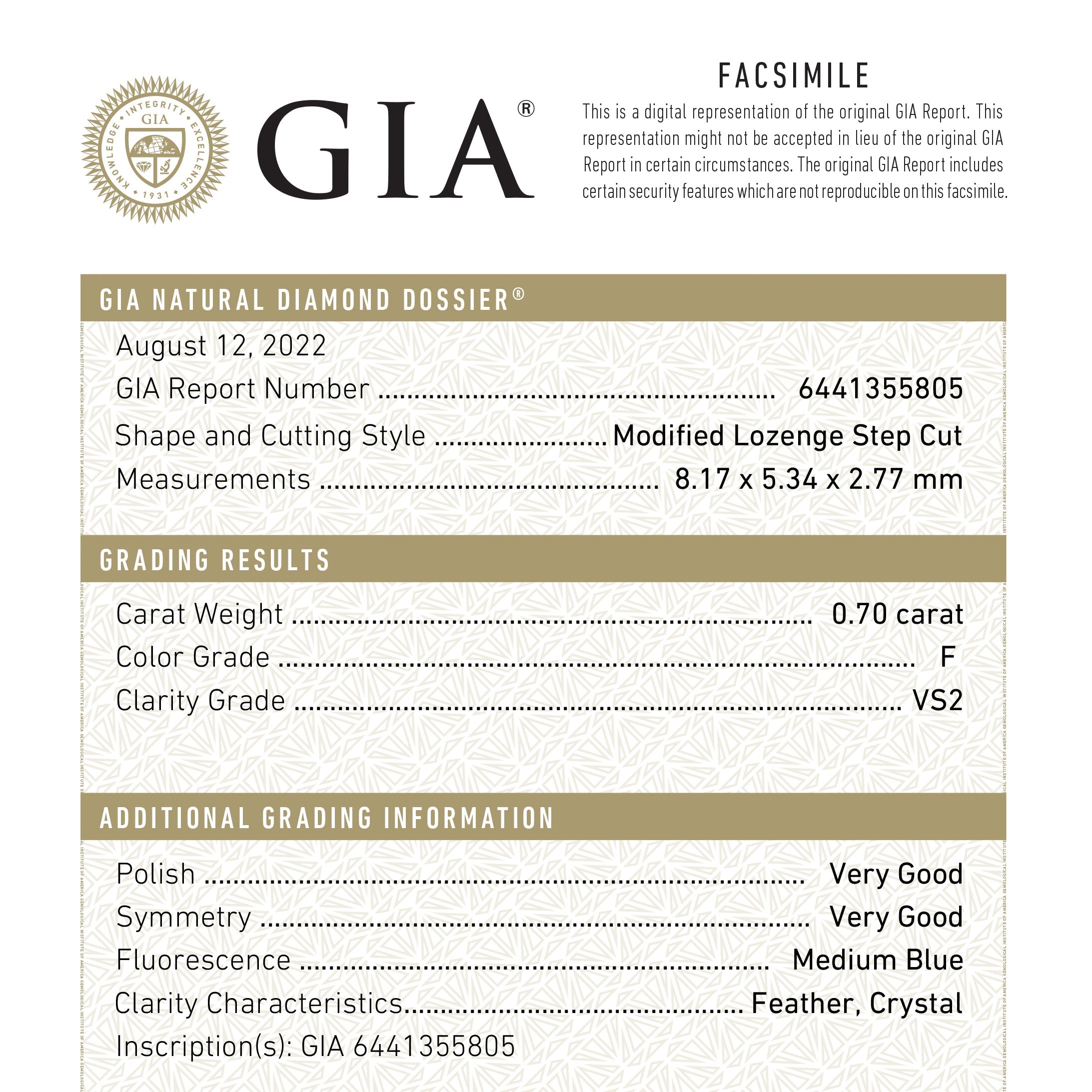 0.70ct 8.17x5.34x2.77mm GIA VS2 F Lozenge Step Cut 26746-02
