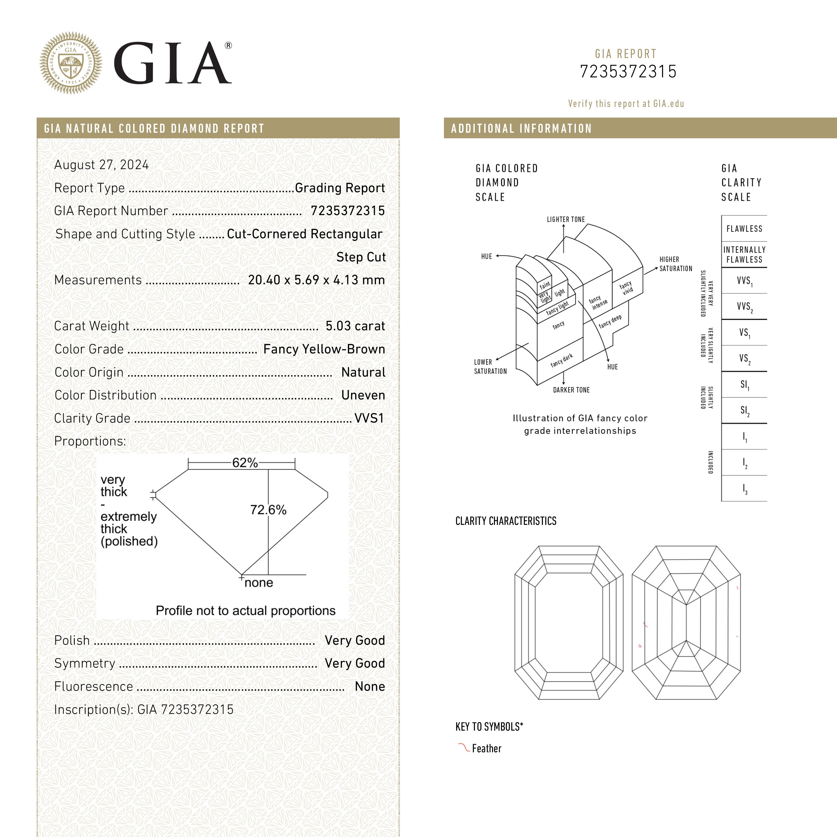 5.03ct 20.40x5.69x4.13mm GIA Type IIa VVS1 Fancy Yellow-Brown Cut Corner Rectangle Step Cut 25954-01