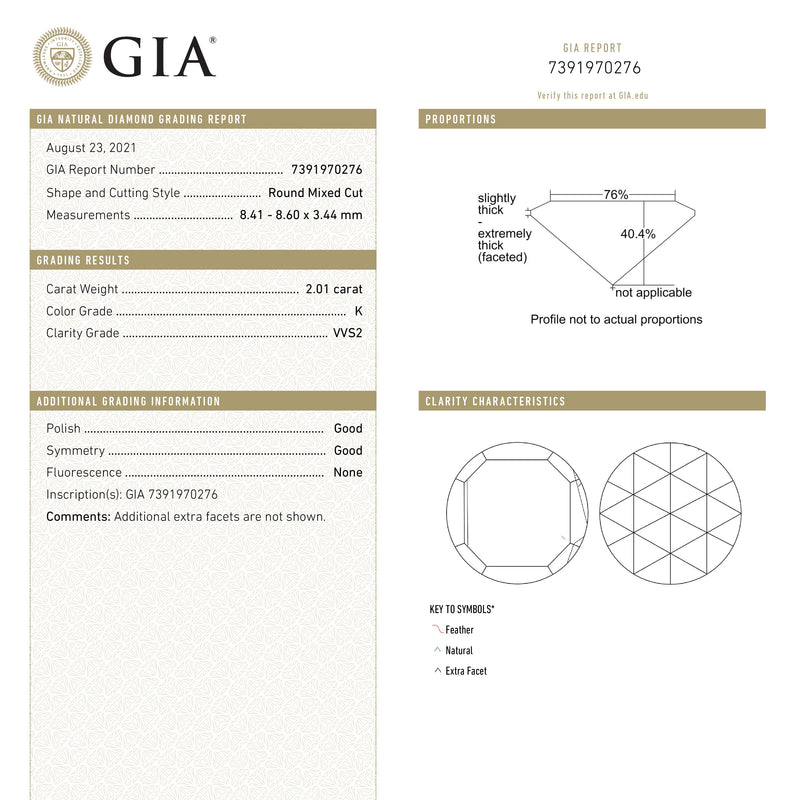 2.01ct 8.60x8.41x3.44mm GIA VVS2 K Round Rosecut 20727-01