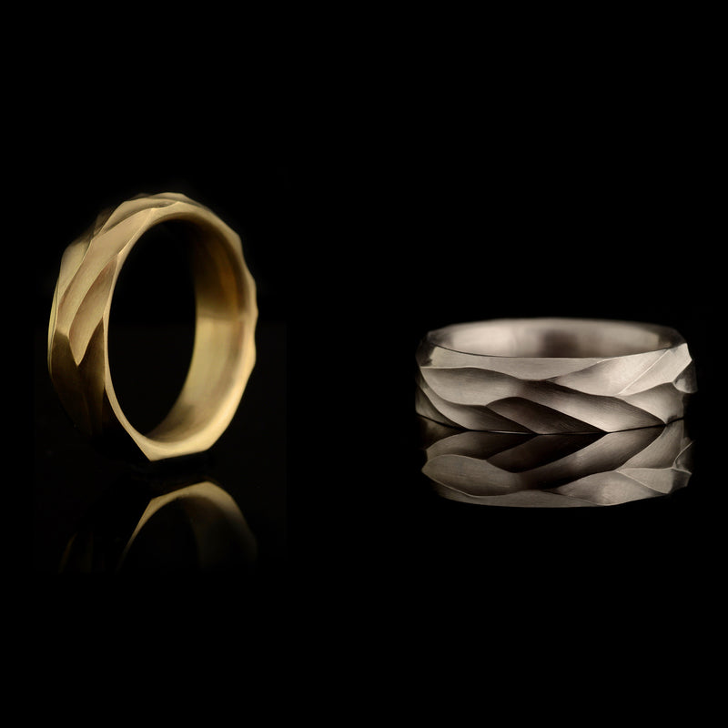 Carved dune mens and ladies wedding rings gold and platinum