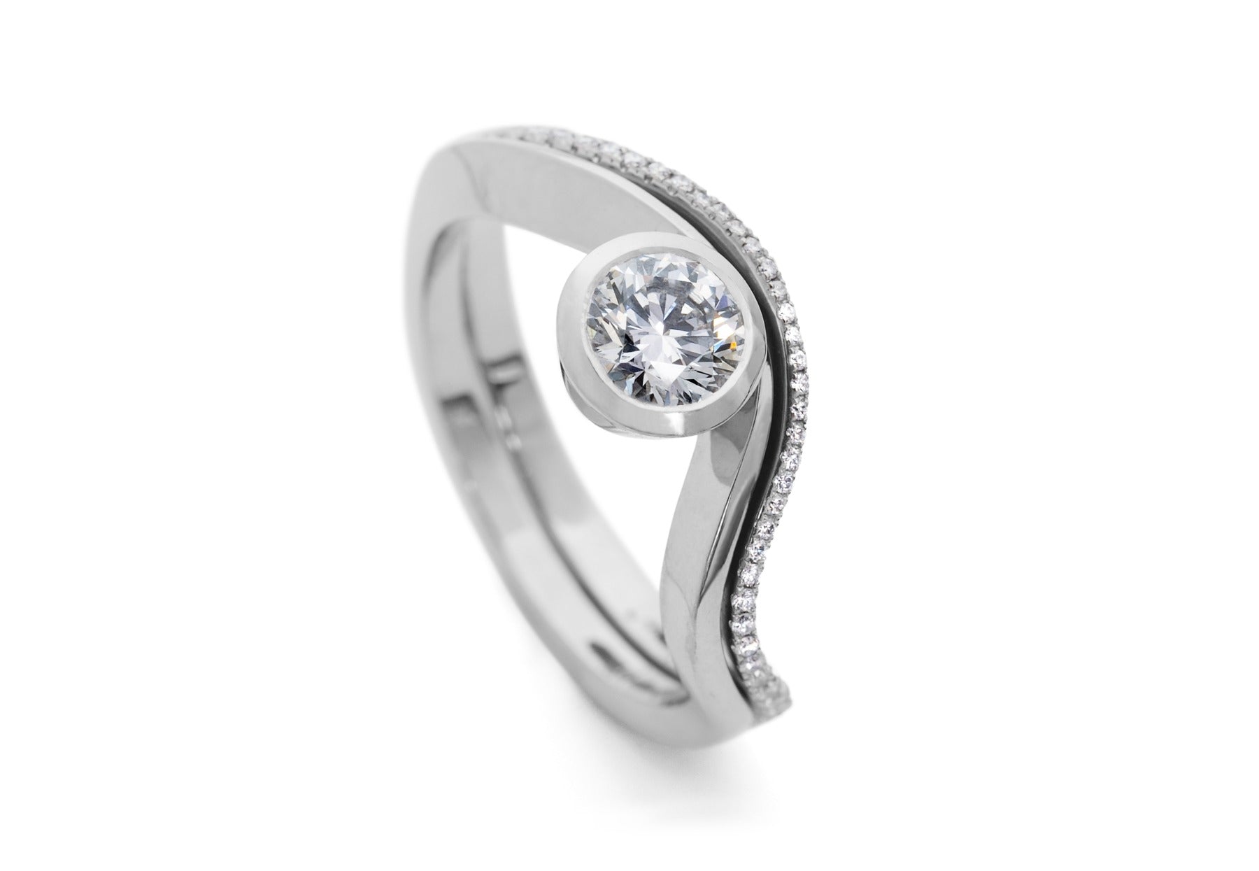 Balance white diamond platinum engagement ring and white diamond pave set fitted wedding ring