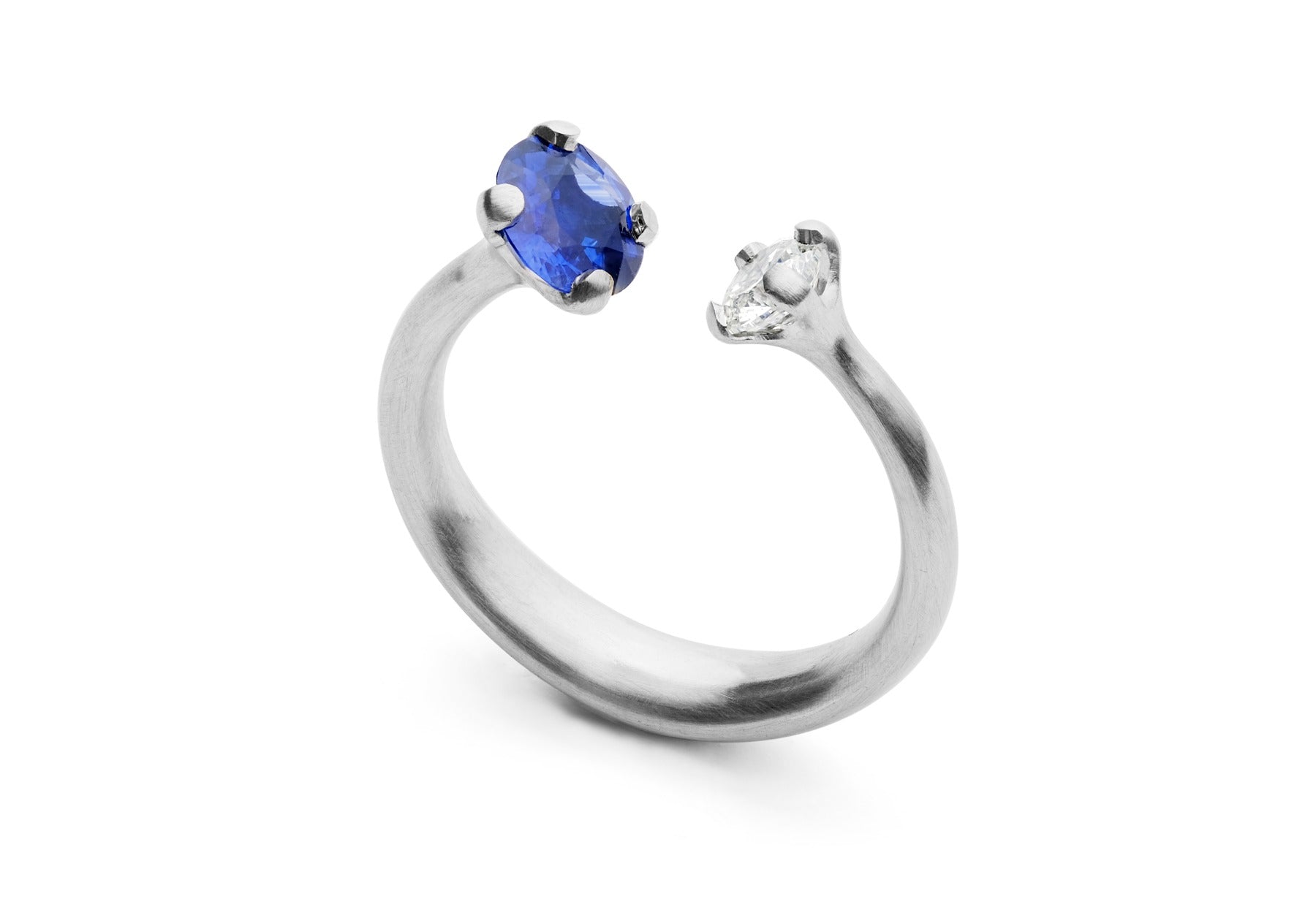 4 claw two stone blue sapphire and white diamond platinum engagement ring