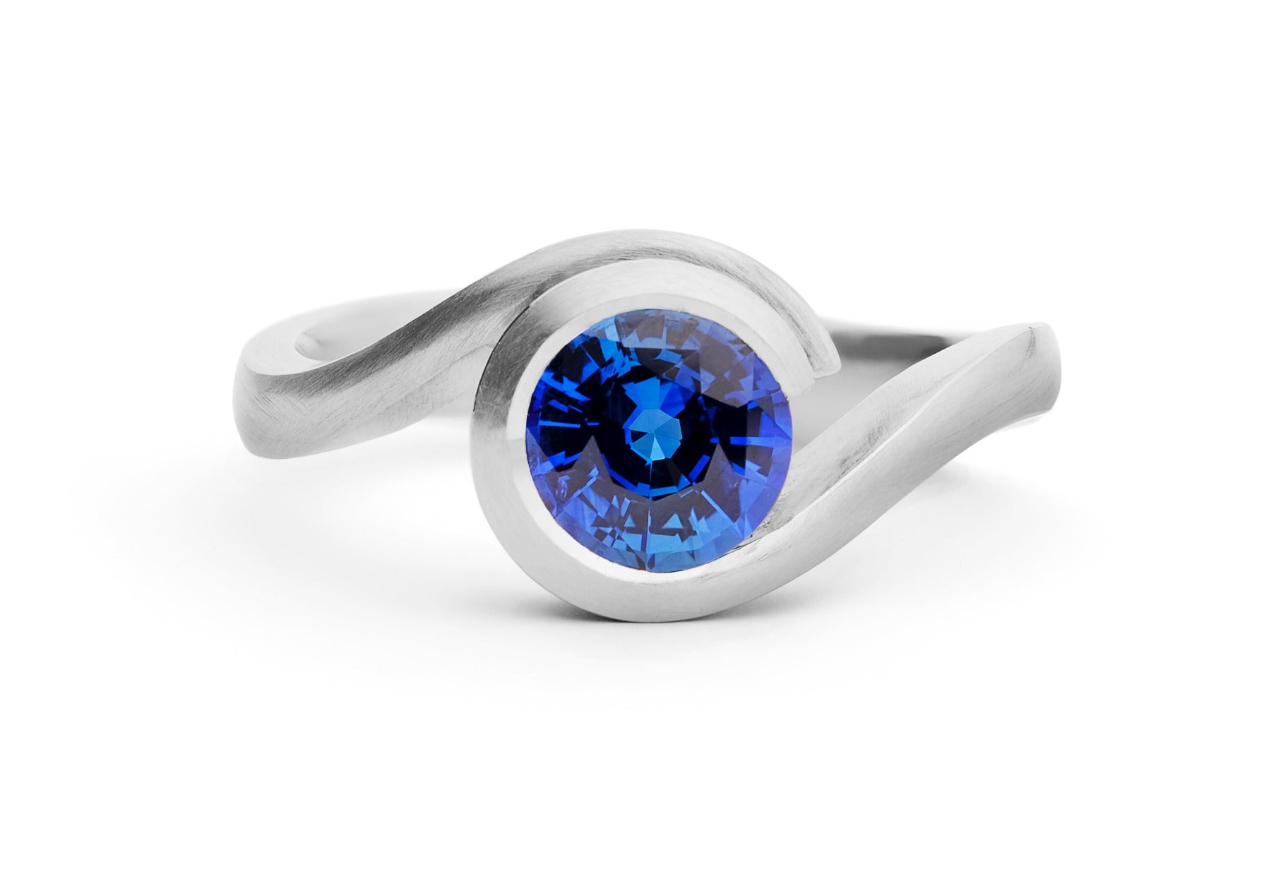 Wave blue sapphire platinum engagement ring