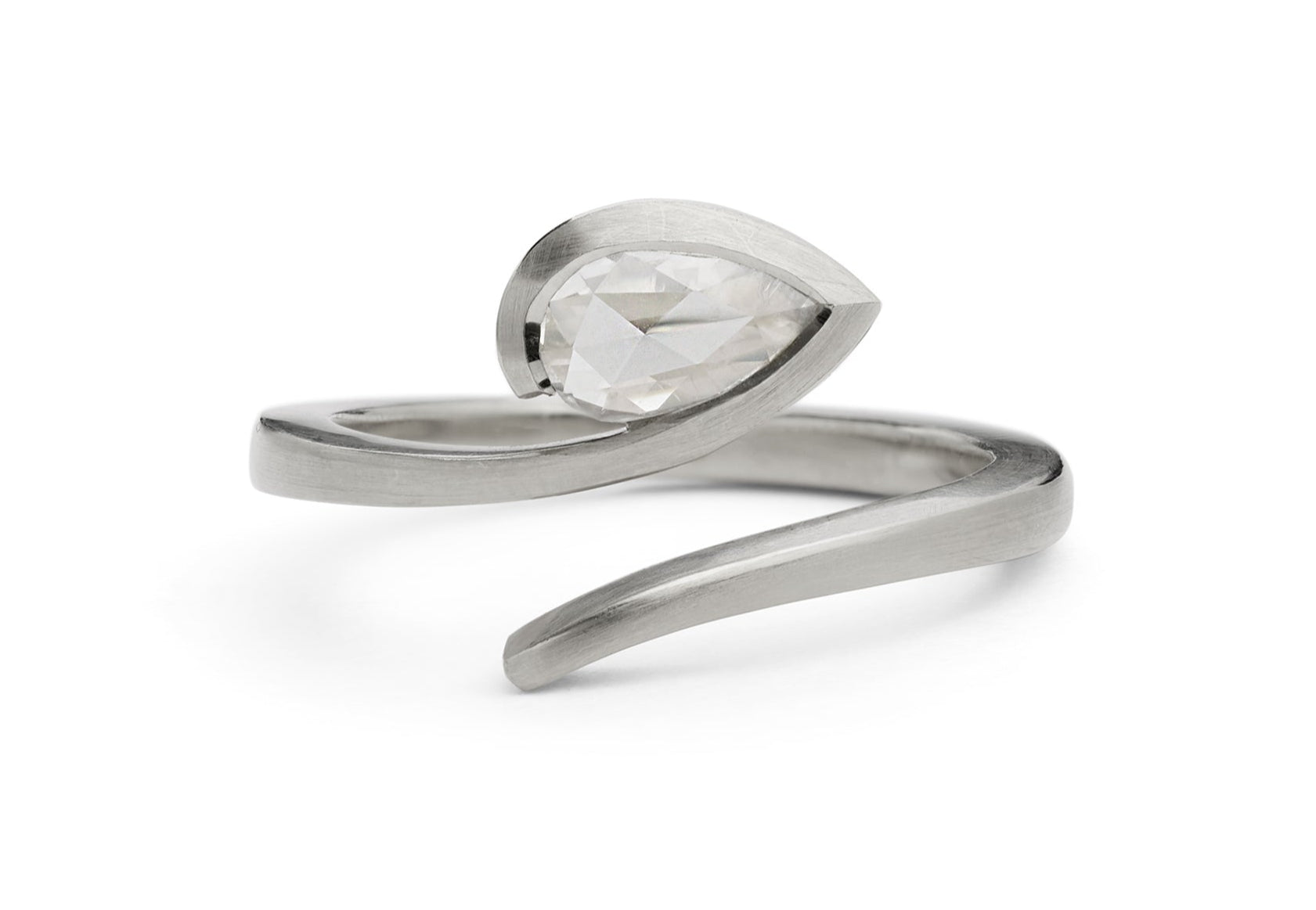 'Twist' Platinum and white pear shaped rose cut diamond engagement ring