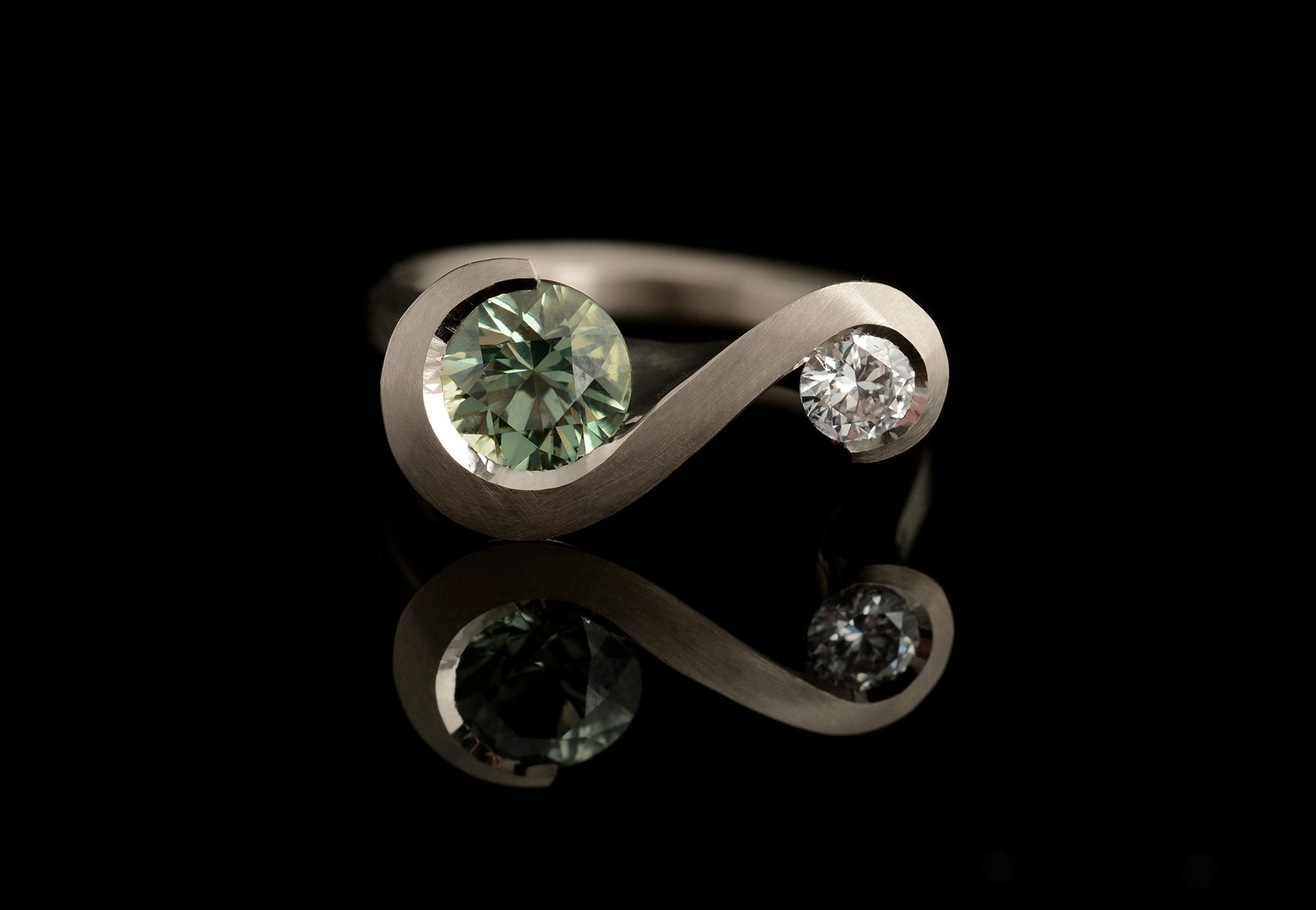 Arris two stone white gold green sapphire and white diamond engagement ring