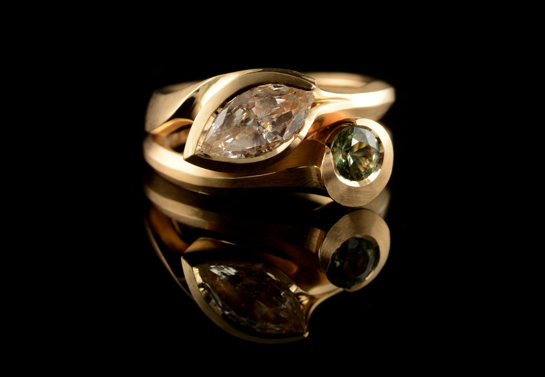 Carved marquise cut cognac diamond gold engagement ring and wedding ring