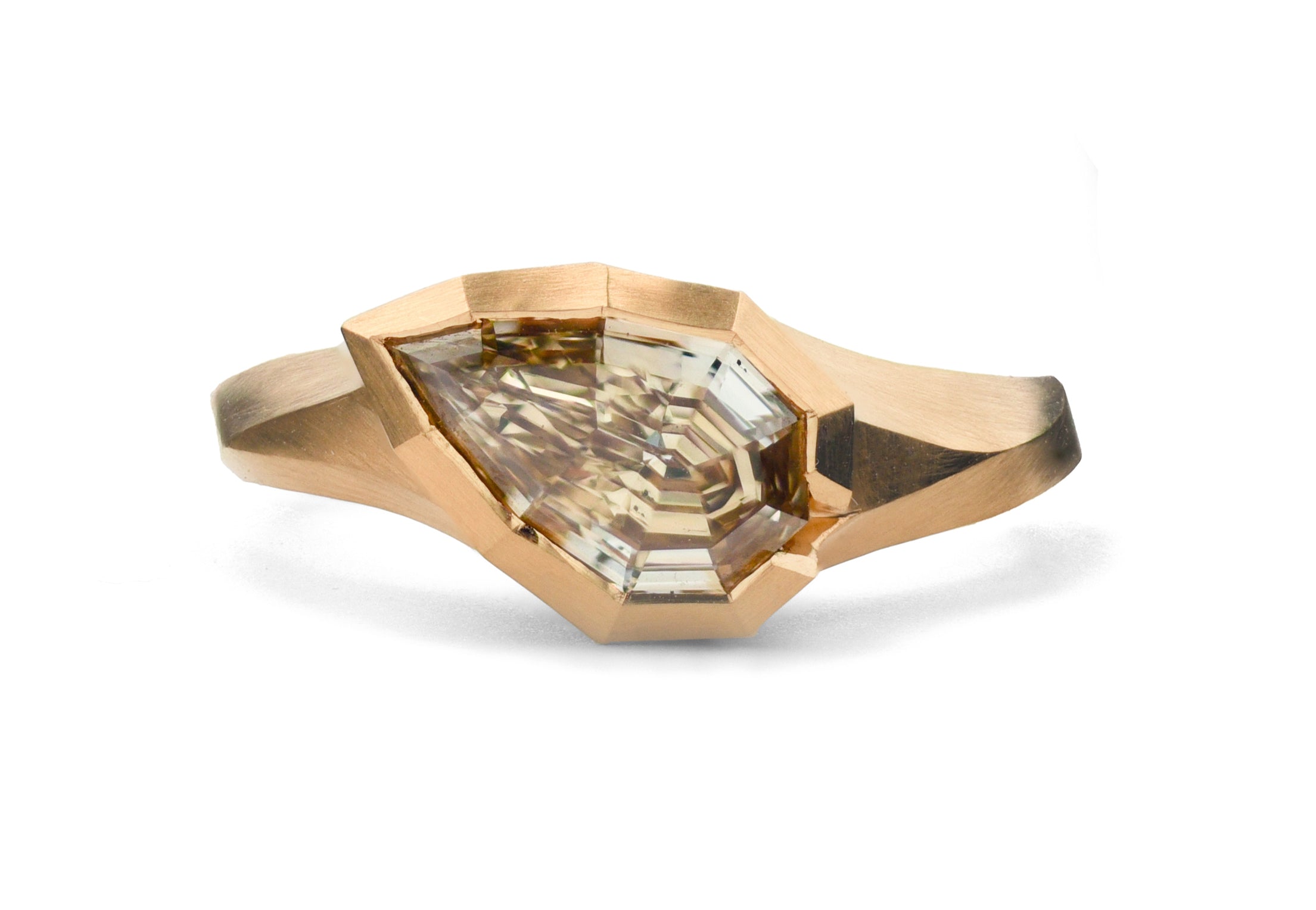 18ct Rose Gold Pear Cognac Diamond Faceted Arris Ring