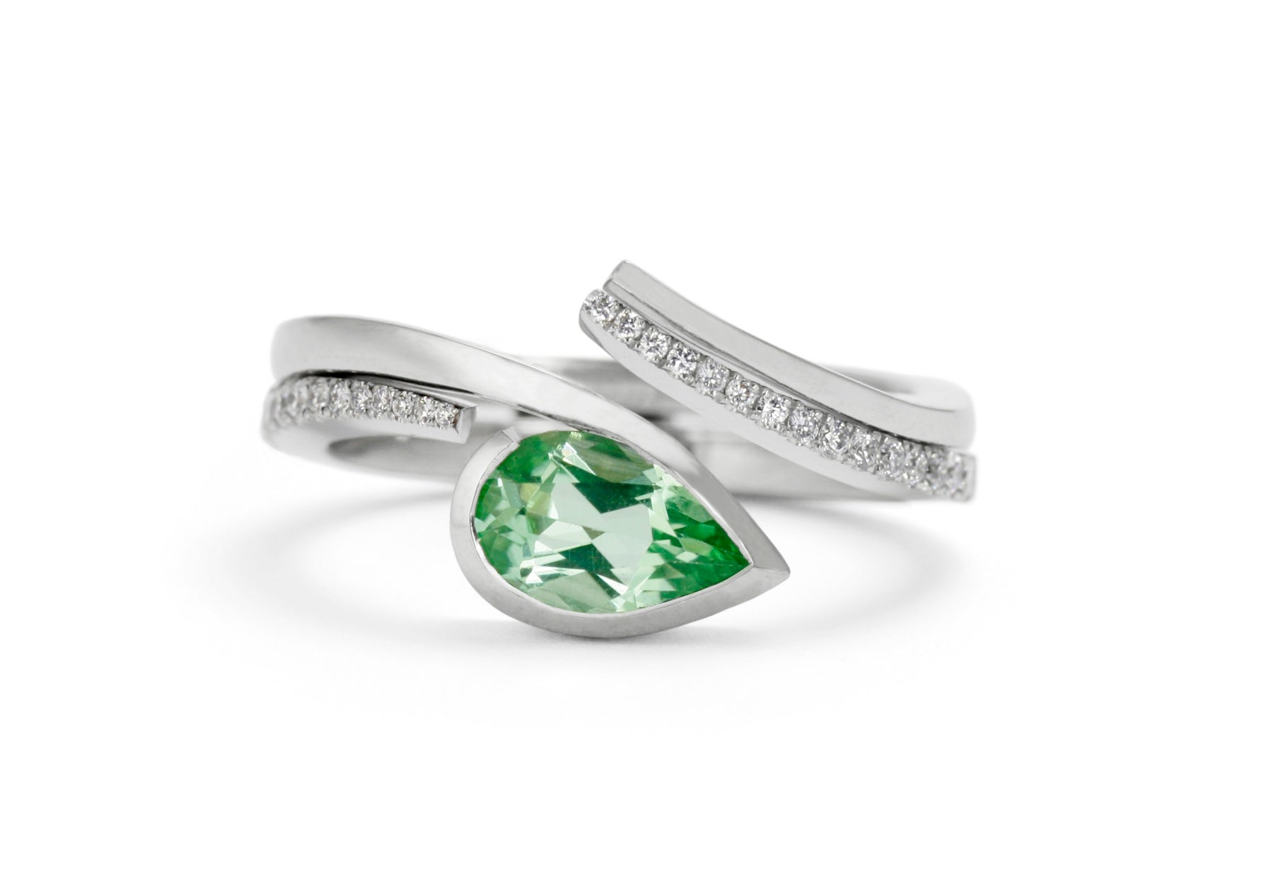 Twist pear shape paraiba tourmaline platinum engagement ring and white diamond pave set fitted wedding ring