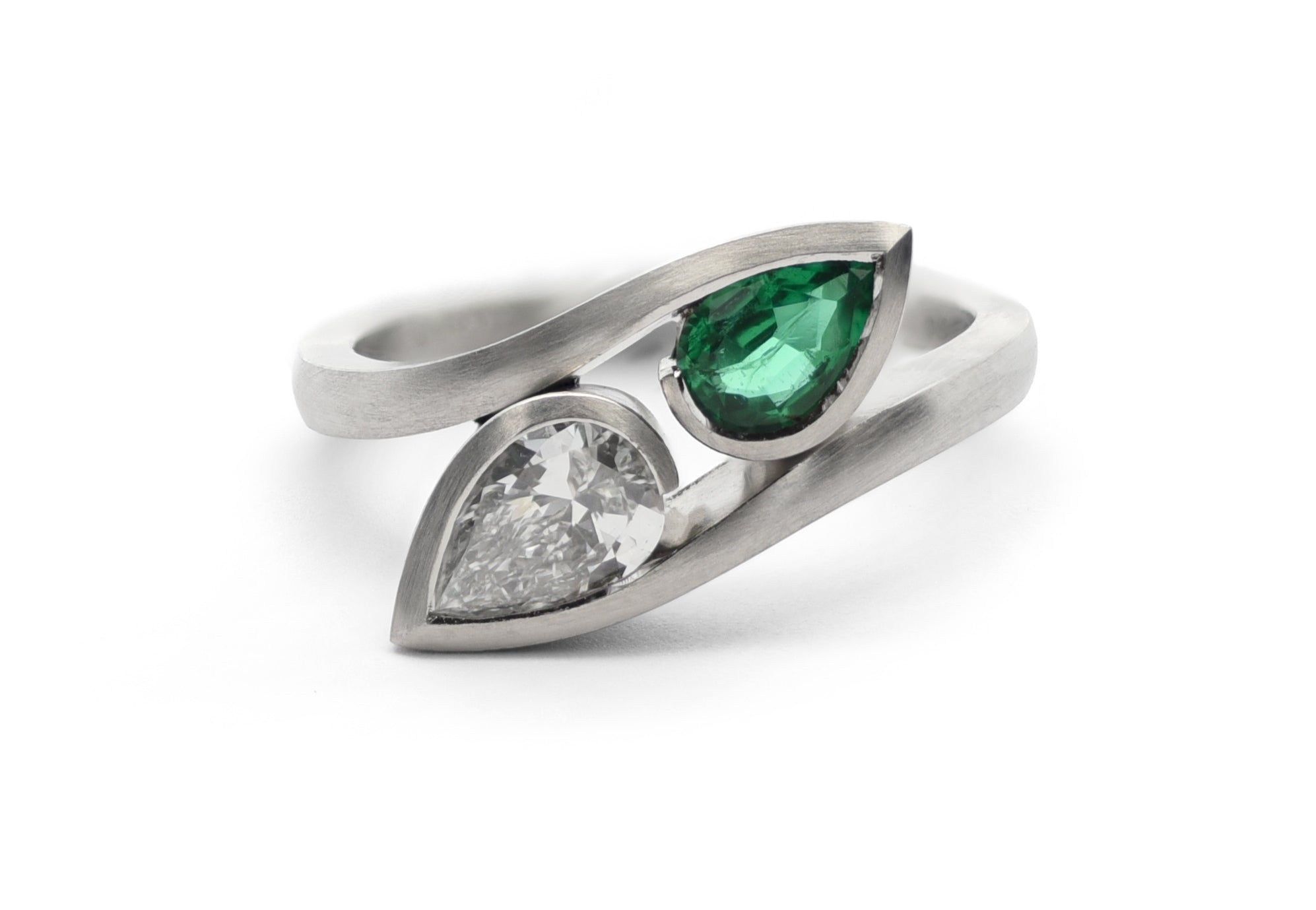 Platinum Diamond and Emerald Moi Et Toi Wave Engagement Ring