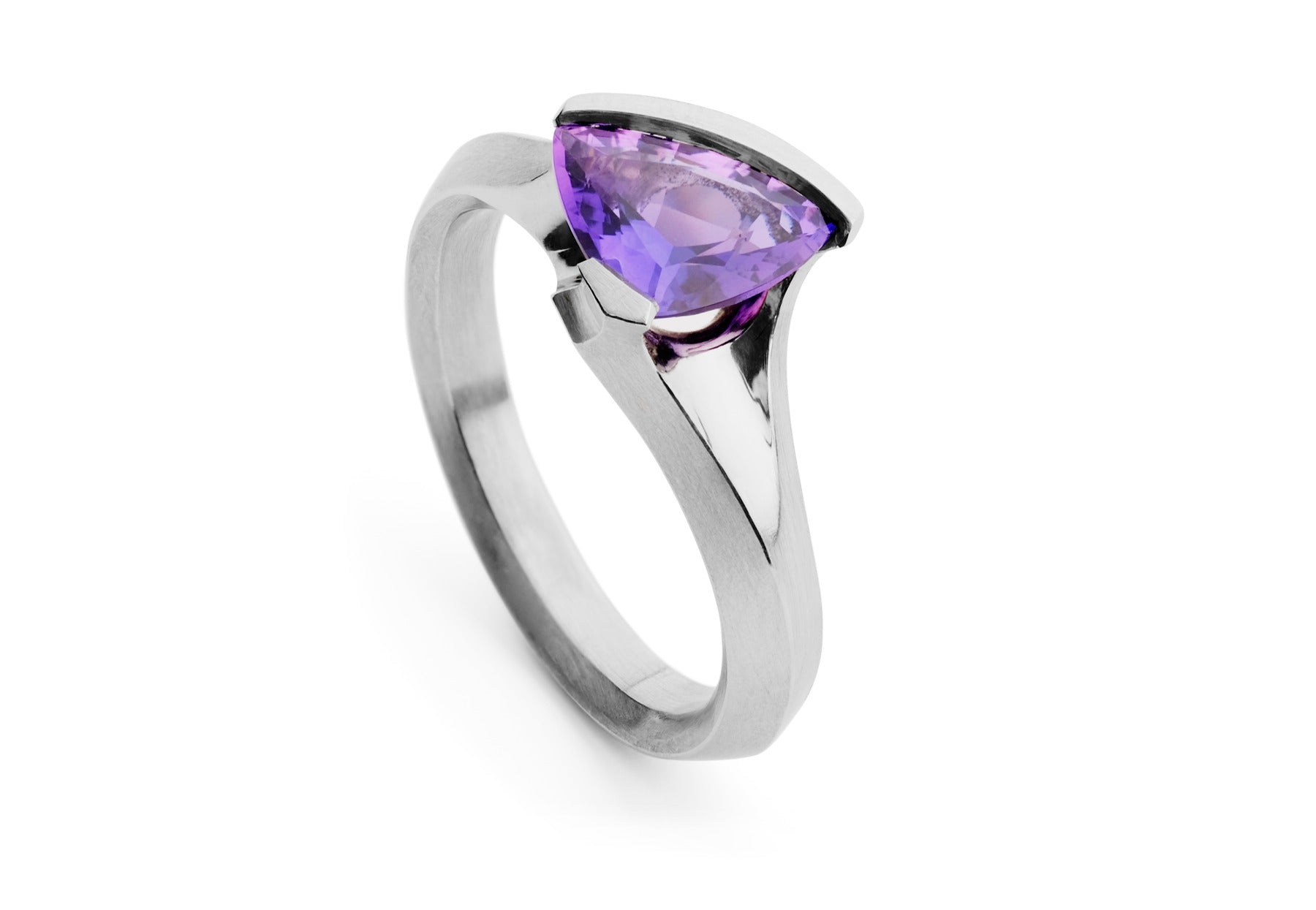 Arris trillion cut purple sapphire platinum engagement ring