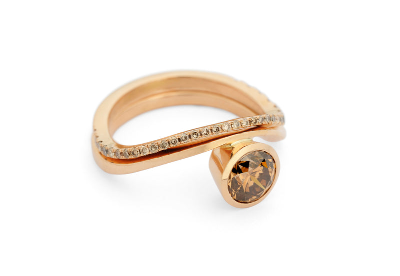 rose gold and cognac diamond engagement ring and fitted wedding band