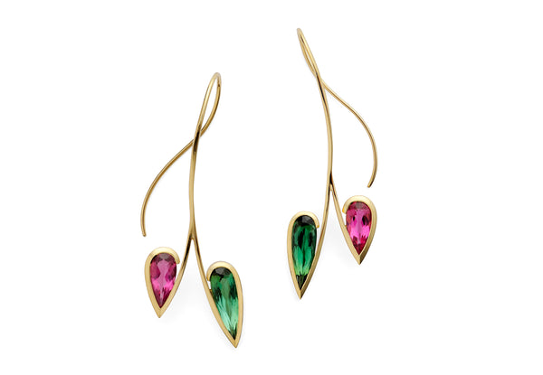Forged yellow gold earrings with pink and green tourmaline