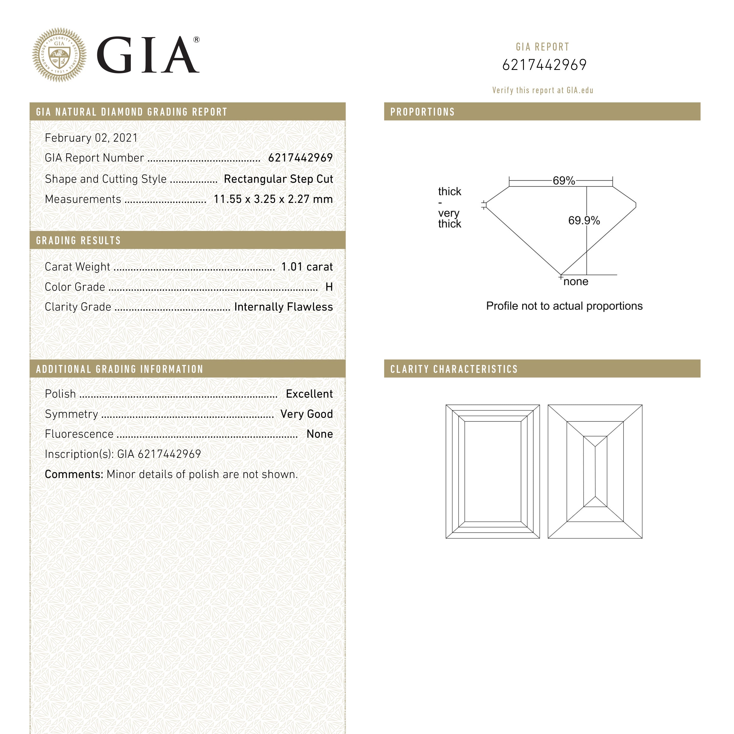 1.01ct 11.55x3.25x2.27mm GIA Internally Flawless H Baguette Cut 19300-01