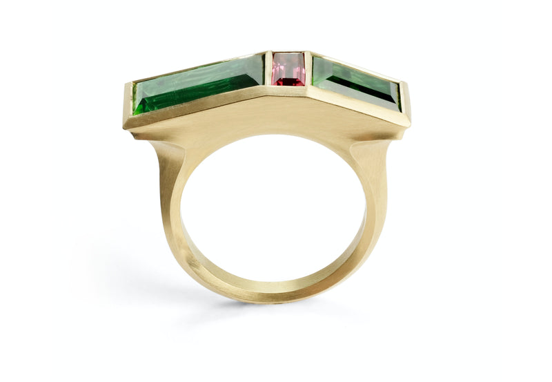 Carved yellow gold arris ring with green and pink tourmalines-McCaul