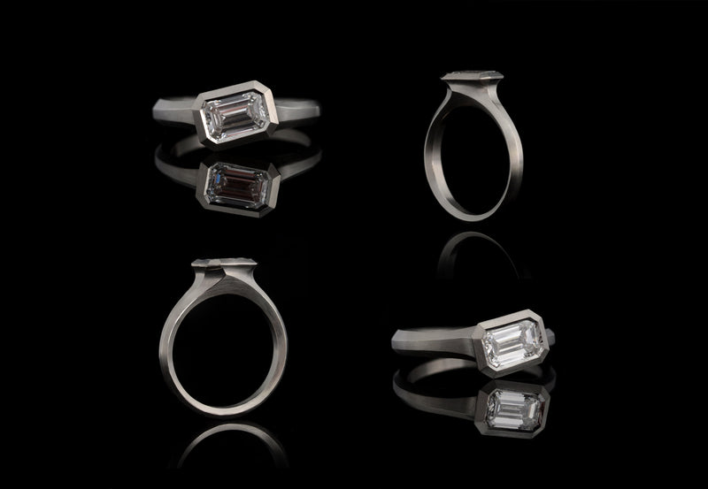 Arris modern platinum engagement ring with emerald-cut white diamond-McCaul