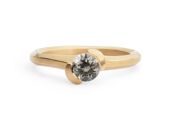 Hand carved asymmetrical rose gold Arris ring with grey diamond