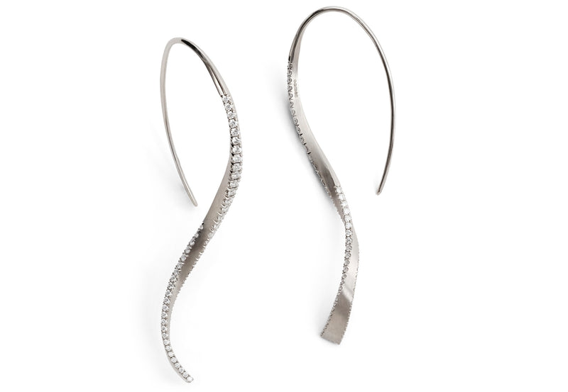 Hand-forged white gold and diamond twisted drop earrings