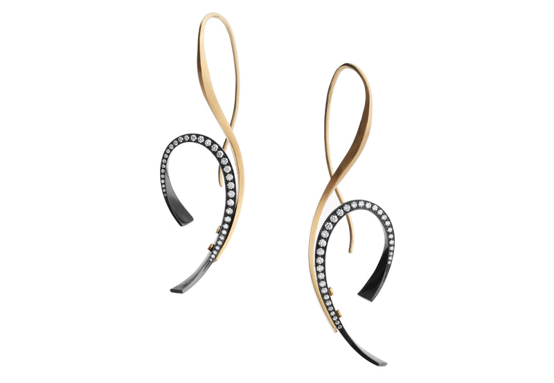 Glyph - Hand forged 18ct yellow gold and iron pave set earrings-McCaul