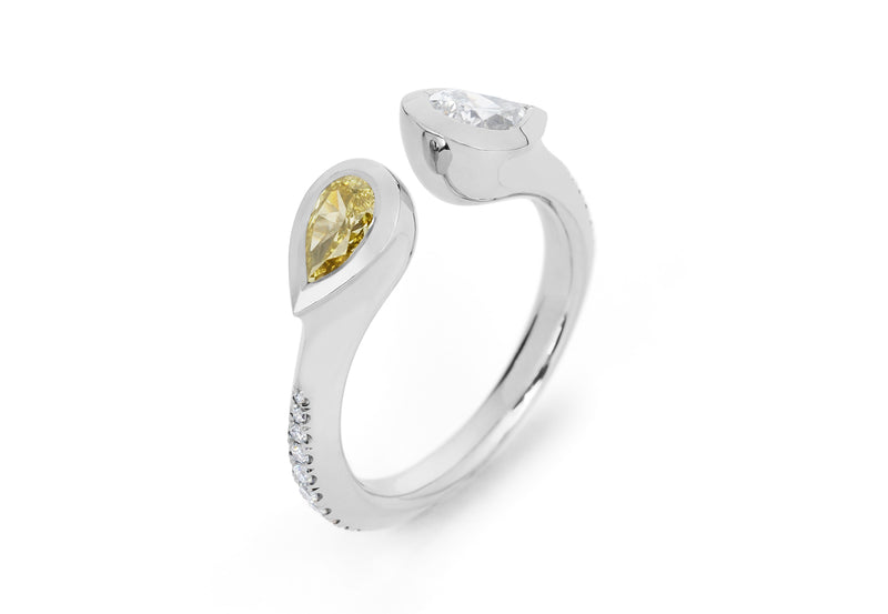 Open platinum ring set with yellow and white diamonds-McCaul