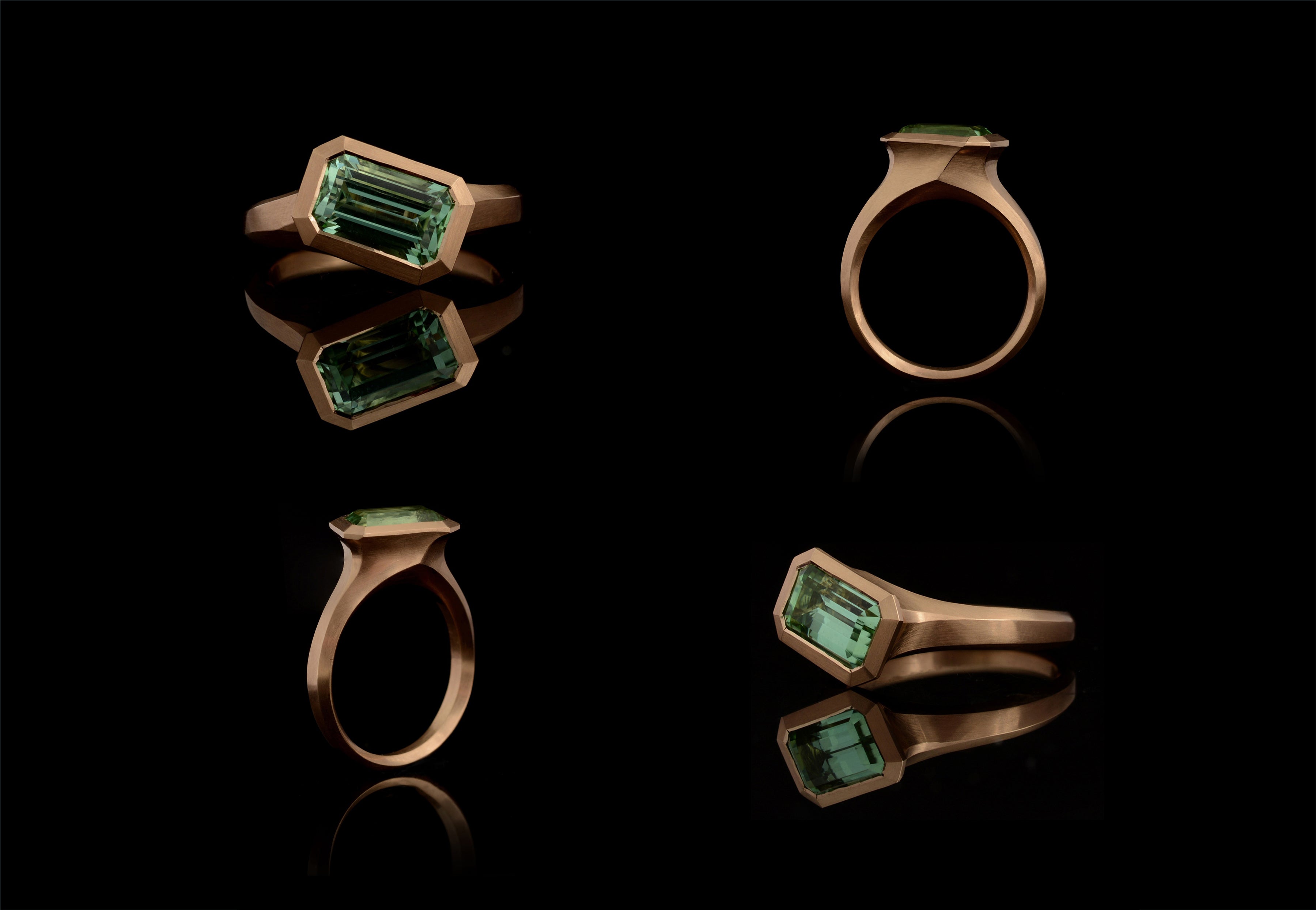 Arris carved rose gold ring with emerald-cut mint tourmaline-McCaul