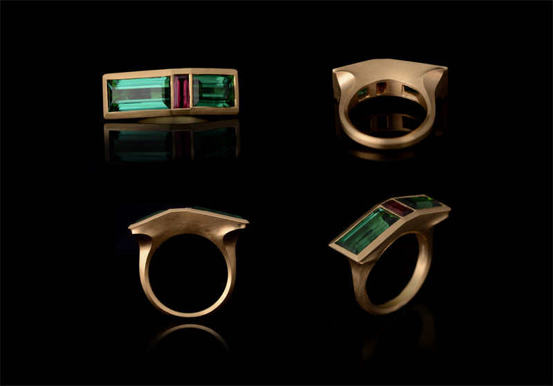 Carved yellow gold arris ring with green and pink tourmalines-McCaul