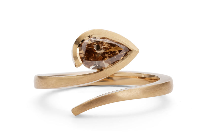 'Twist' rose gold engagement ring with pear shaped cognac diamond-McCaul