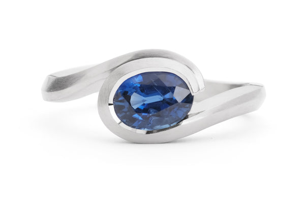 Platinum and oval blue sapphire wave engagement ring-McCaul