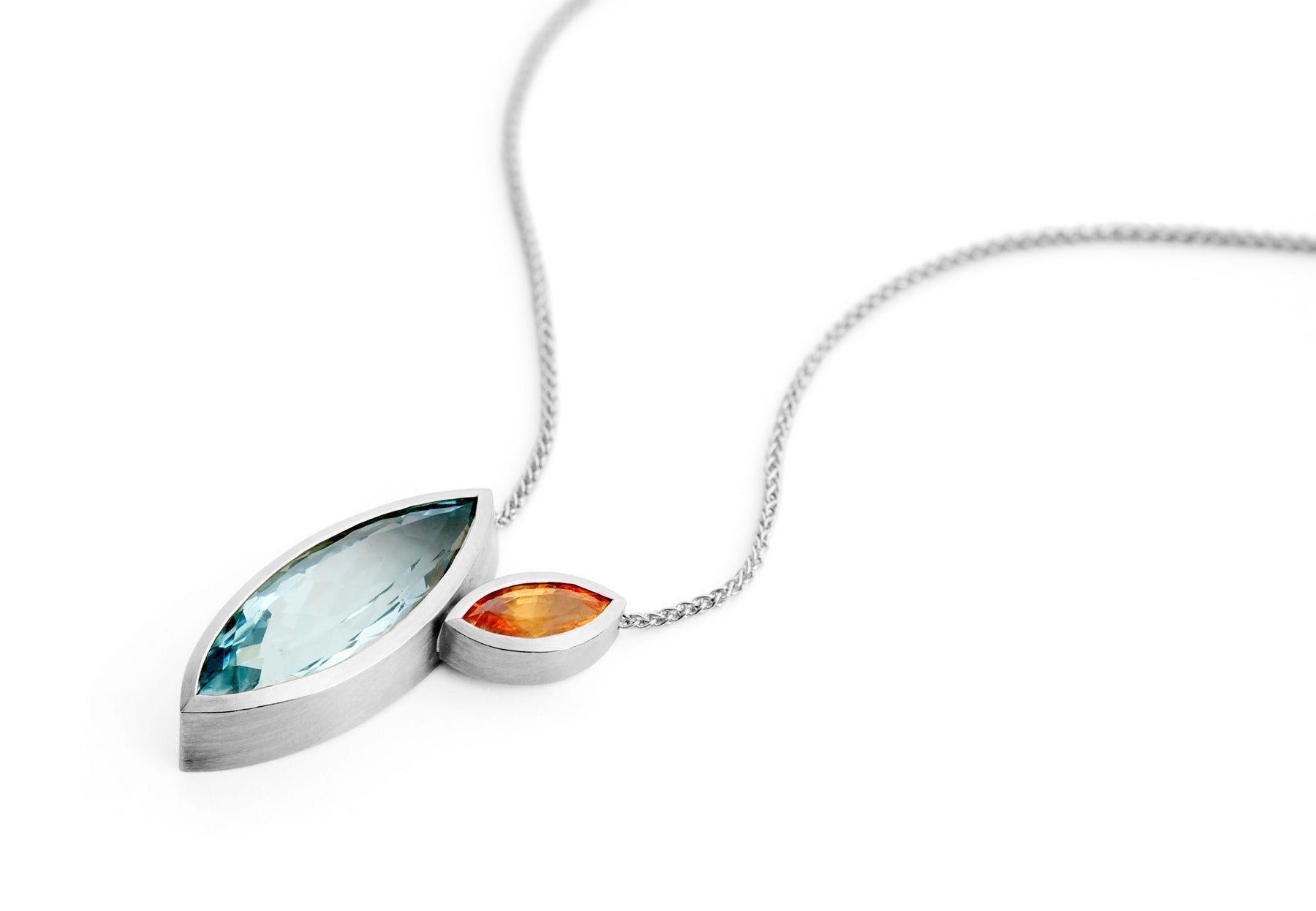 White Gold, blue aquamarine and orange mandarin garnet pendant