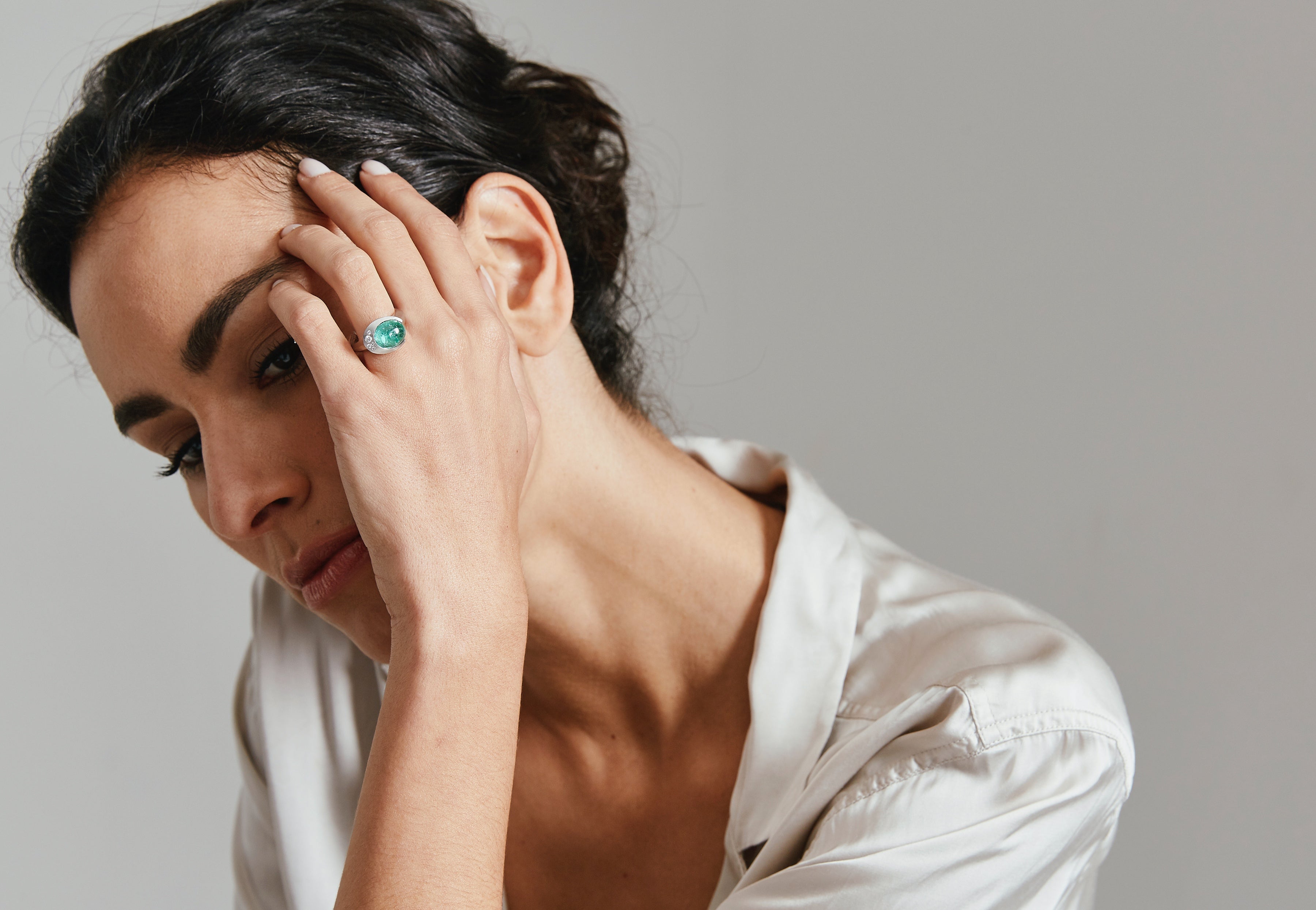 Carved platinum and Paraiba tourmaline cocktail ring with white diamonds-McCaul