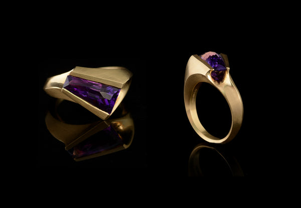 18ct yellow gold carved ring set with fancy cut amethyst-McCaul