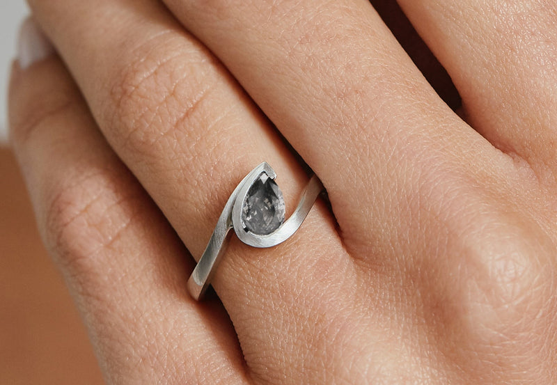 Wave platinum pear shape grey diamond engagement ring-McCaul